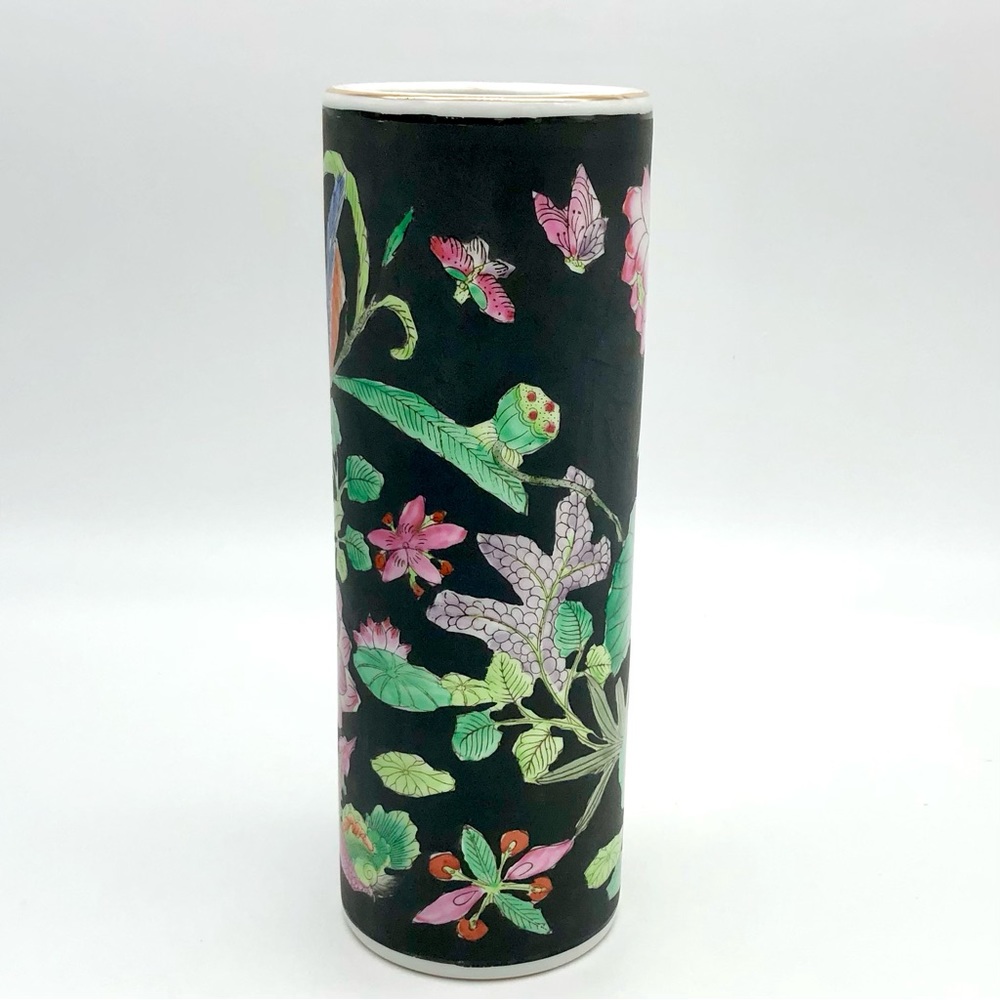 Chinese Porcelain Vase Hat Stand Famille Noire Floral Bird Lotus Qianlong Mark - Picture 8 of 13